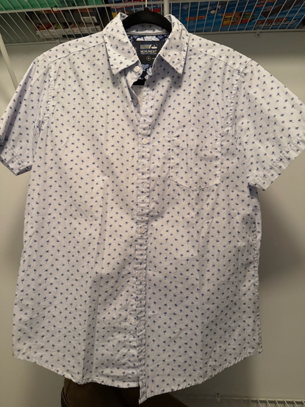 Casual Short-Sleeve White Button-Down Shirt with Blue Micro Print